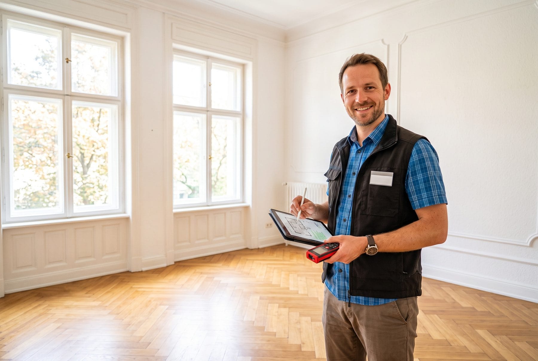 Ein Sachverständiger nimmt in einem hellen Altbauzimmer mit Lasermessgerät und Tablet Maß.