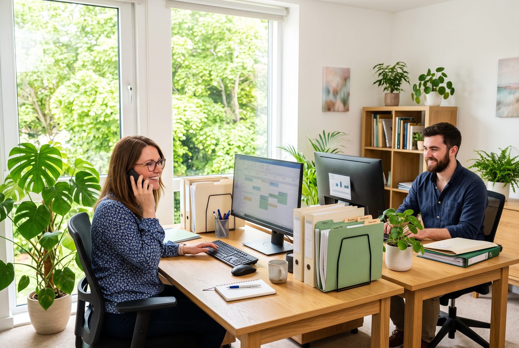 Zwei Kolleginnen an hellen Schreibtischen im Verwaltungsbüro, eine telefoniert.
