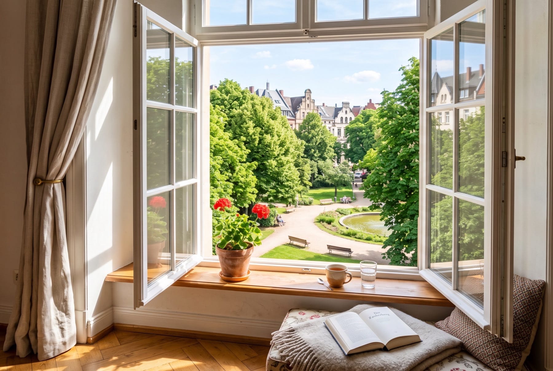 Blick aus dem geöffneten Fenster über die Baumkronen des Parks; auf der Fensterbank eine Geranie, davor ein Sitzplatz mit aufgeschlagenem Buch.