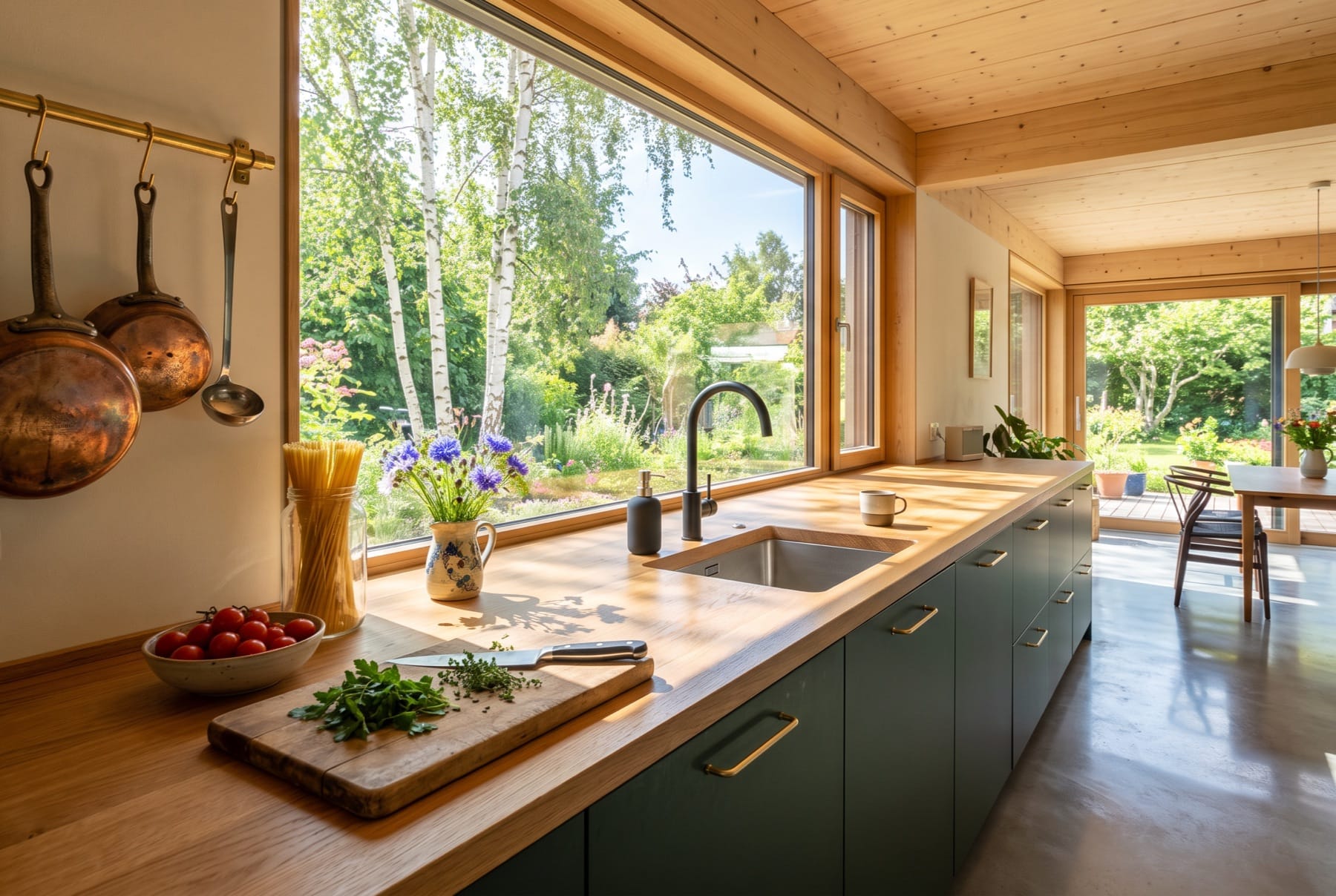 Küche mit dunkelgrünen Fronten und Eichenarbeitsplatte, Kupferpfannen an der Reling und Fensterband zum Birkengarten.