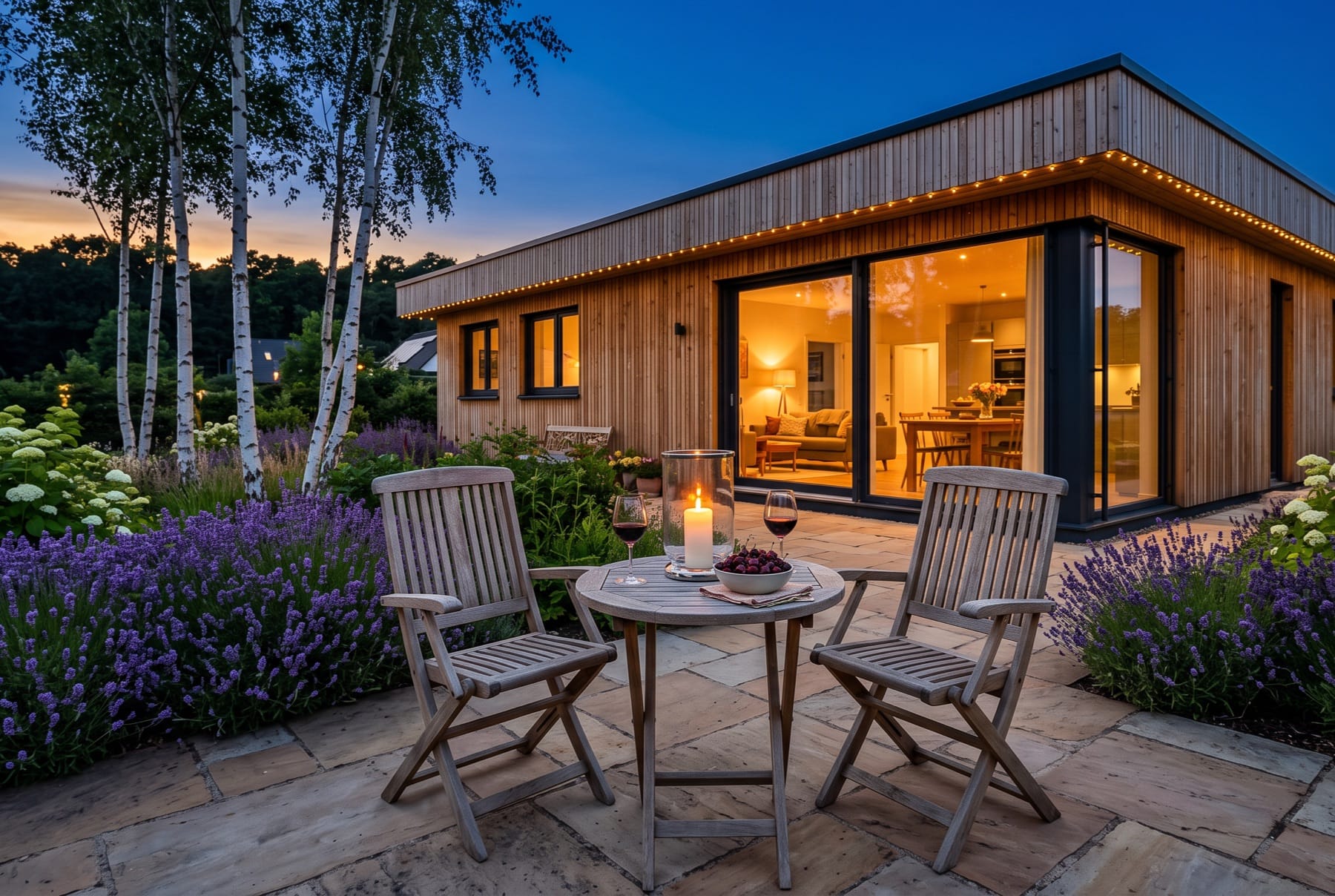 Terrasse am Abend: zwei Klappstühle mit Laterne vor dem von innen erleuchteten Haus, Lavendel und Birken ringsum.