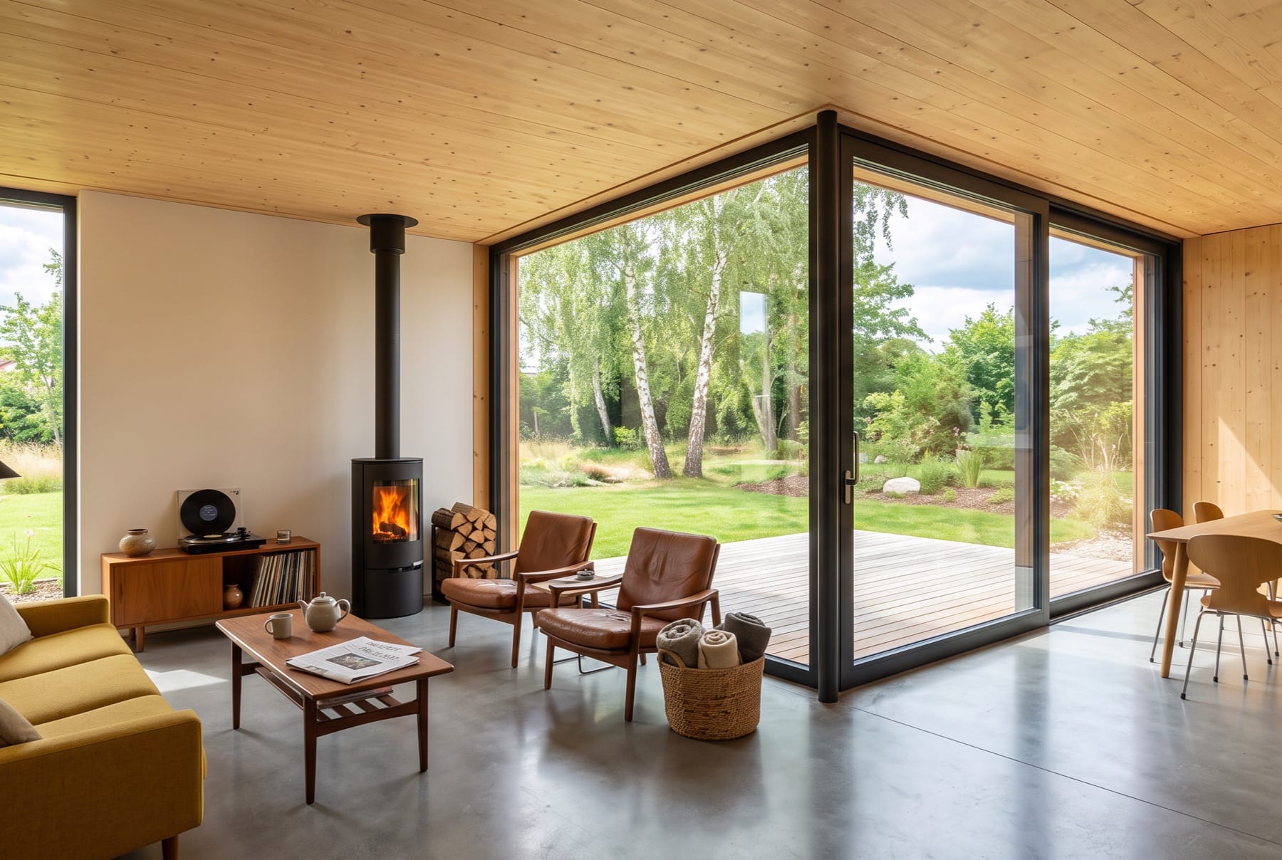 Wohnraum mit holzverschalter Decke und über Eck verglaster Wand, Kaminofen, gelbem Sofa und Blick in den Birkengarten.
