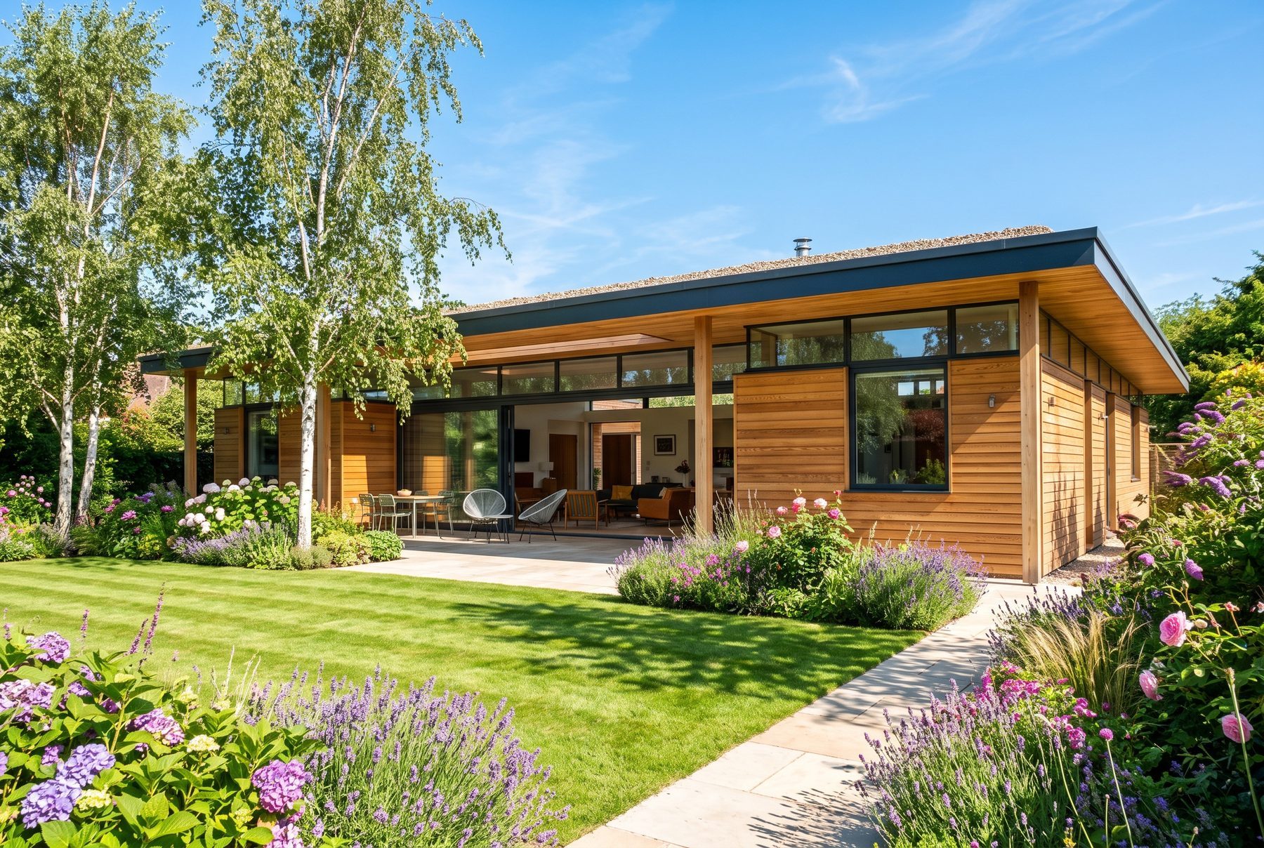 Eingeschossiger Bungalow mit Lärchenschalung, Flachdach und raumhoher Verglasung in einem sonnigen Garten.