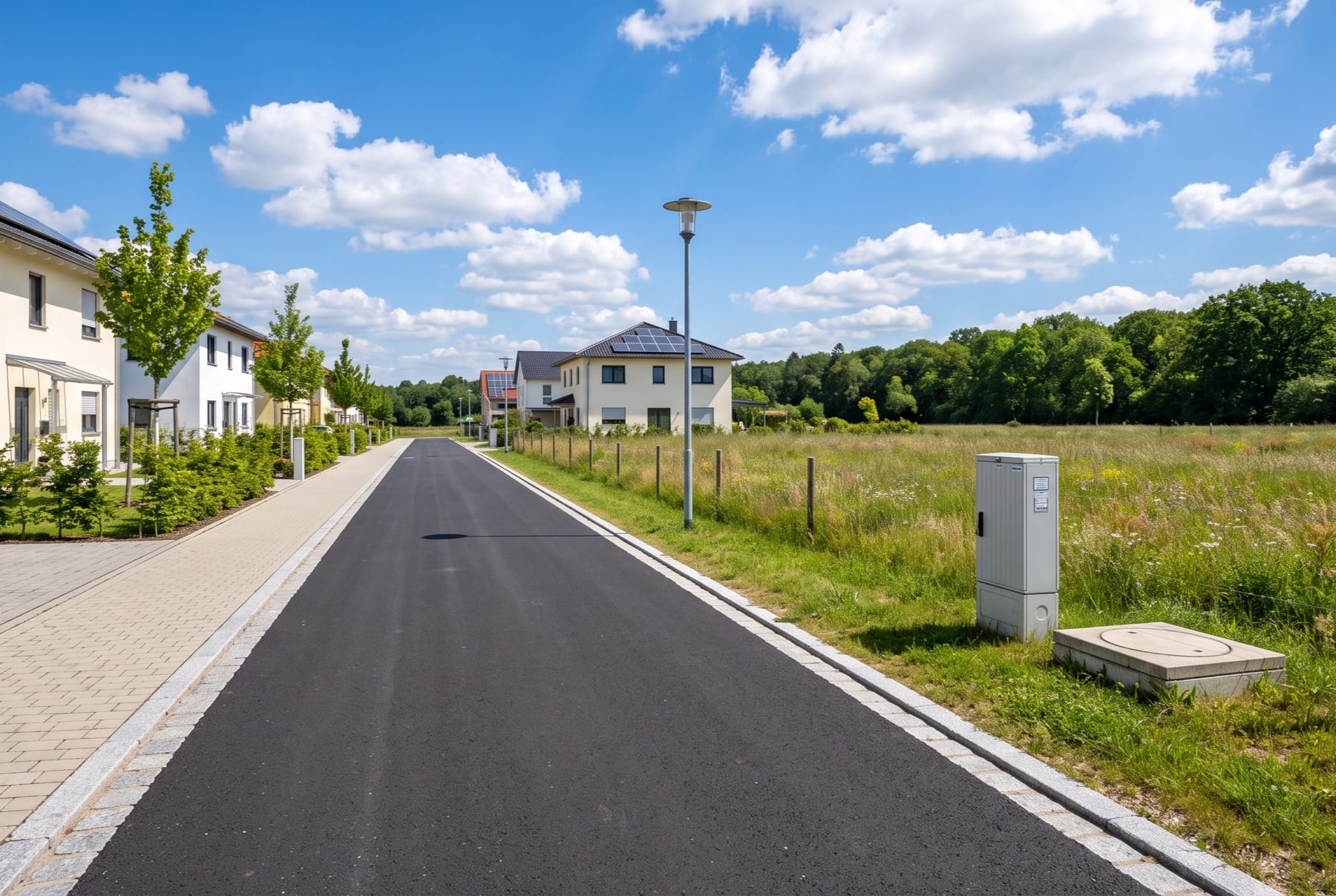 Erschlossene Anliegerstraße mit Gehweg; rechts das Grundstück hinter dem Zaun, Hausanschlusssäule und Schacht am Rand.