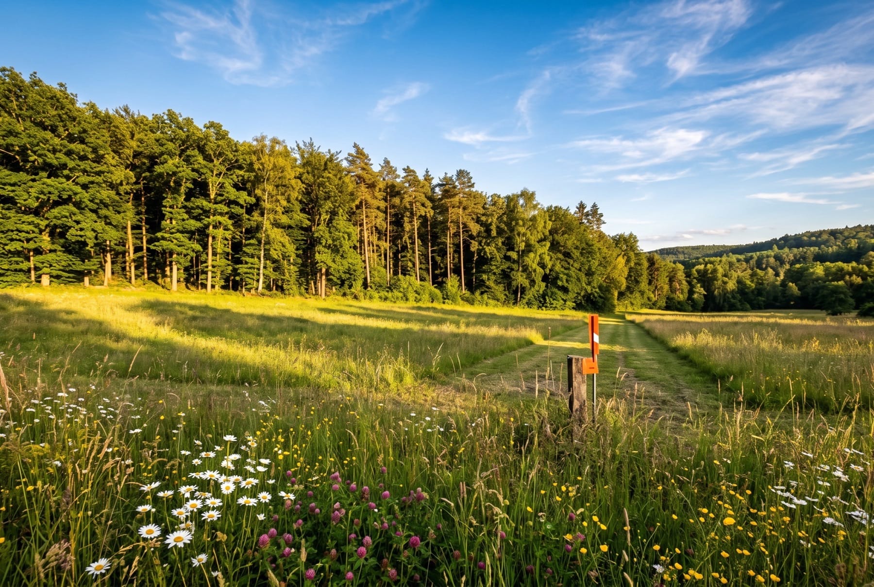 Blick über die Wiese zum Waldrand, ein Grenzpfahl mit orangem Markierungsschild im Nachmittagslicht.