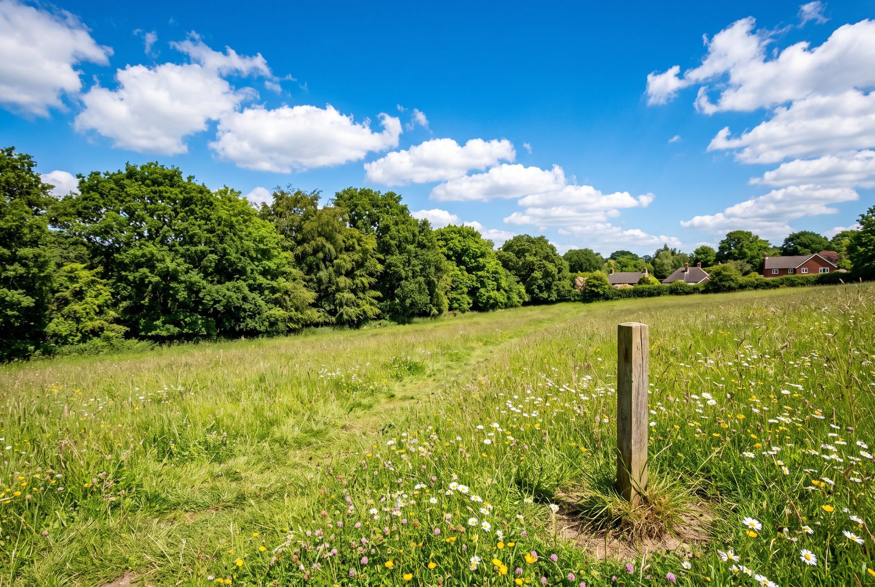 Weite Wiese mit Wildblumen, von altem Baumbestand gesäumt, unter blauem Himmel.