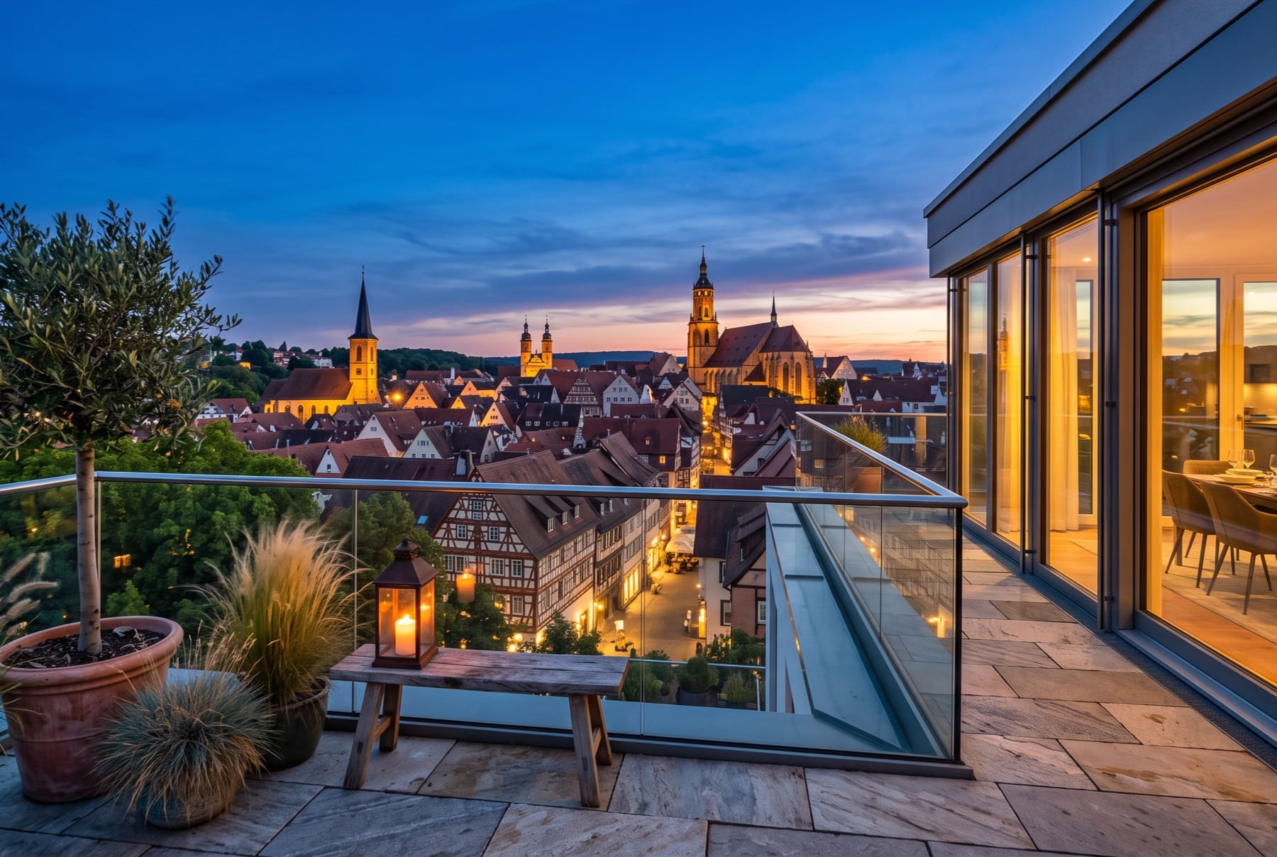 Blick von der Dachterrasse über die Altstadt zur blauen Stunde, rechts der erleuchtete Wohnraum hinter der Verglasung.