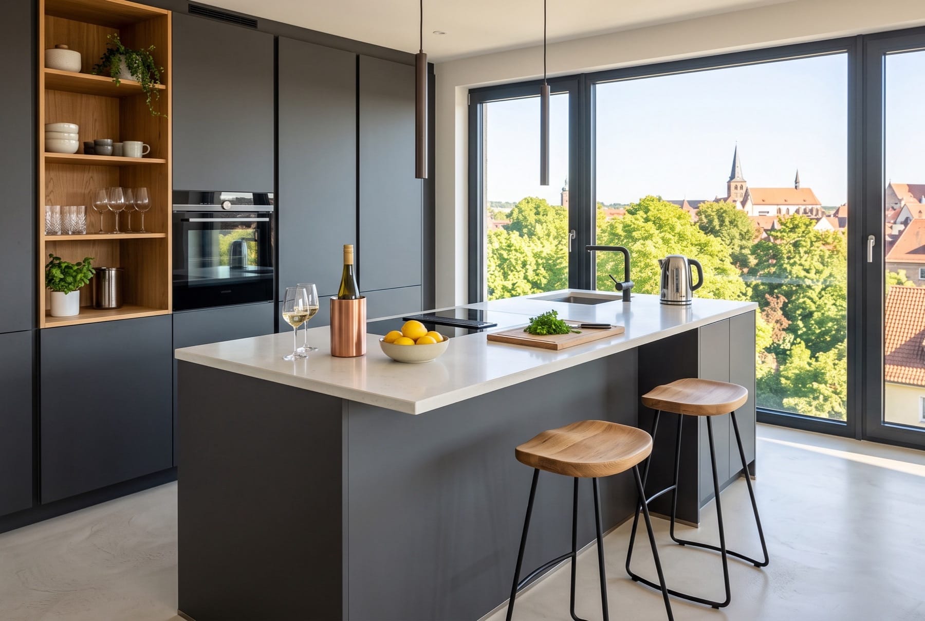 Küche mit anthrazitfarbenen Fronten und heller Insel, Barhocker davor, Eckfenster über Baumkronen und Altstadtdächern.