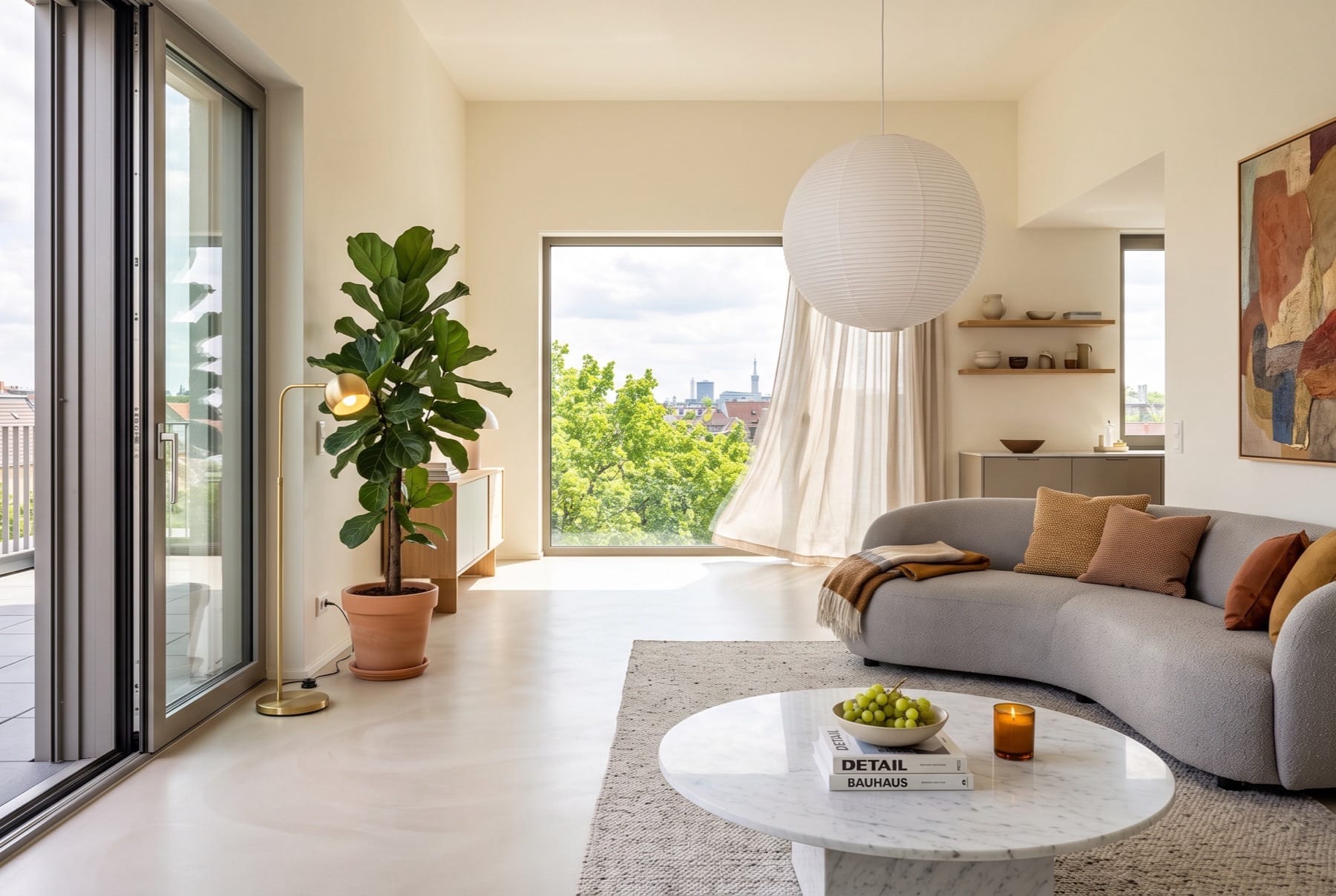 Wohnraum von der offenen Terrassentür aus: geschwungenes Sofa, runder Marmortisch und Papierleuchte auf hellem Estrich.