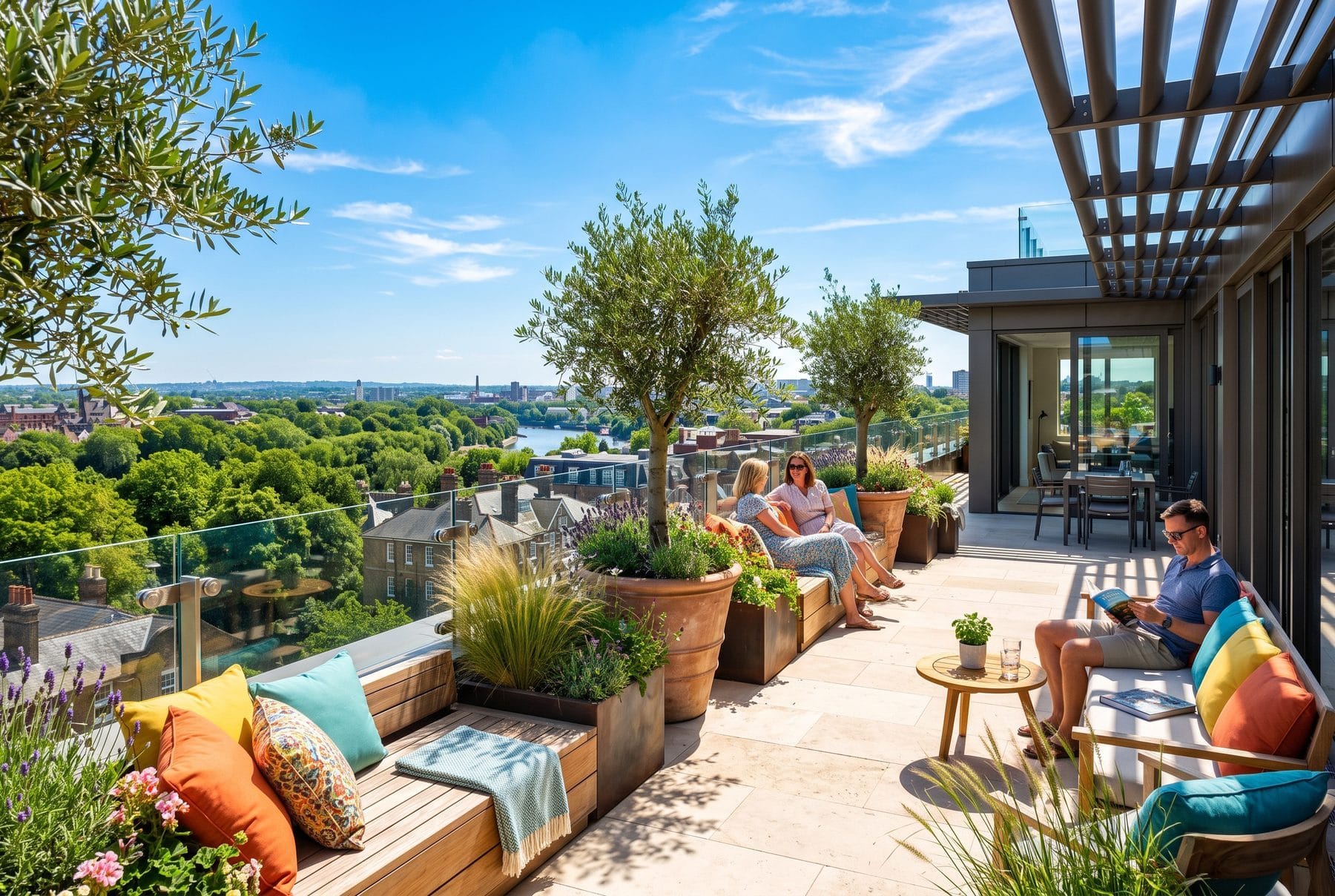 Weite Dachterrasse mit Steinbelag, Pflanzkübeln und Glasbrüstung über grünen Baumkronen.
