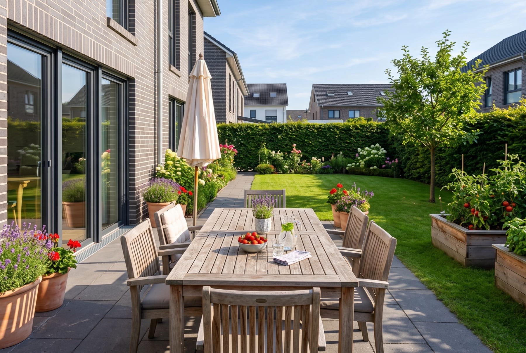 Südgarten mit Terrasse, Gartentisch und Sonnenschirm vor der Klinkerfassade, dahinter Rasen, Hecke und Hochbeete.