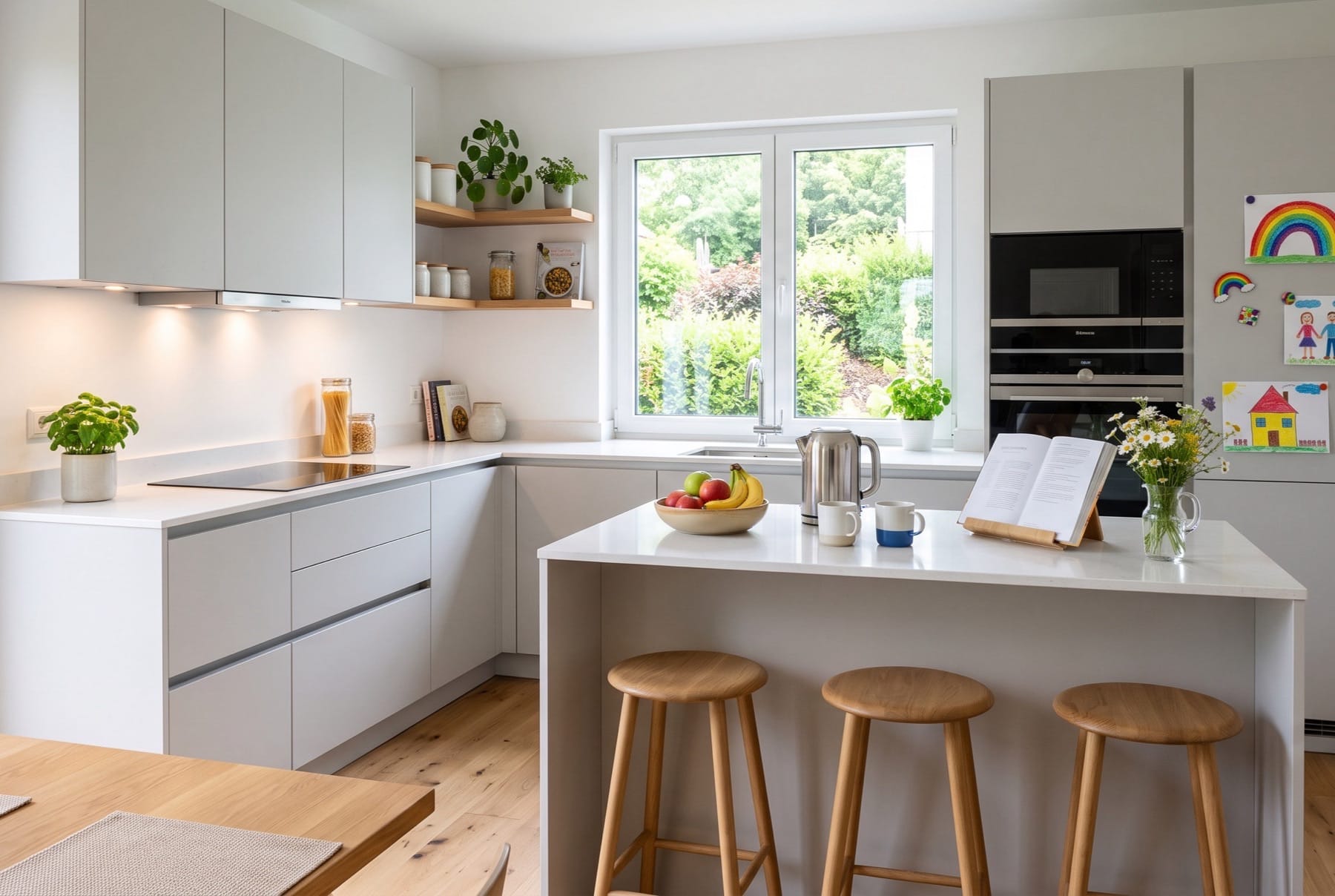 Grifflose Küche in Hellgrau mit kleiner Insel und drei Barhockern, Fenster über der Spüle zum Garten.