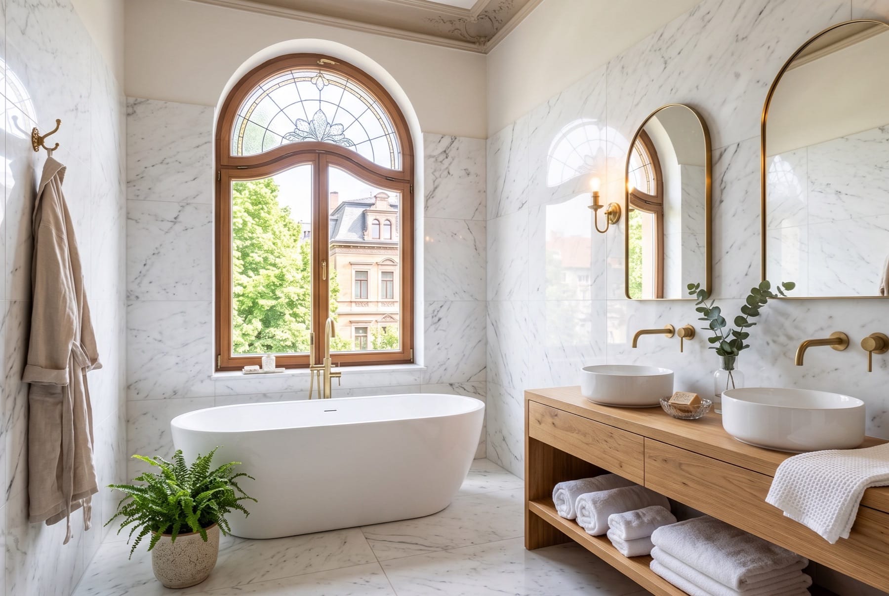 Bad in Marmor mit freistehender Wanne unter dem Rundbogenfenster, Eichenwaschtisch mit zwei Aufsatzbecken und Messingarmaturen.