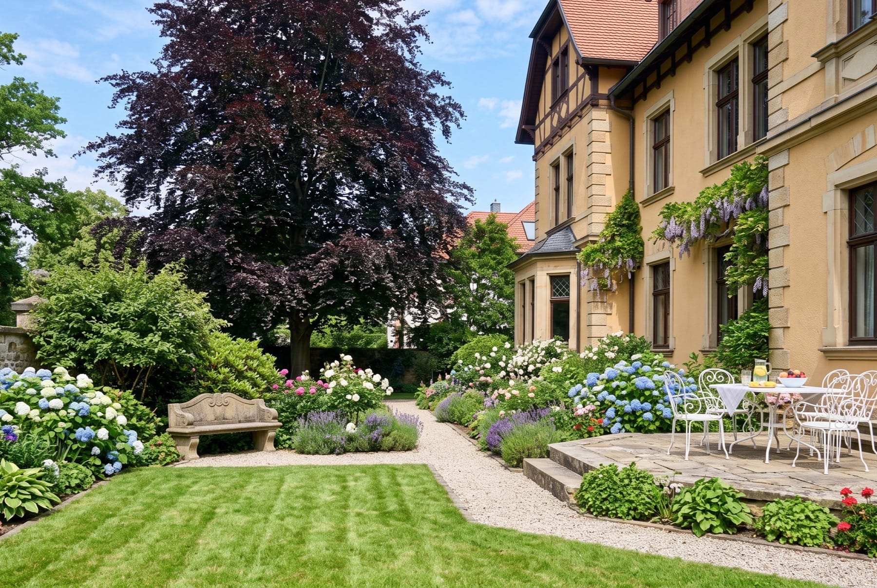 Garten hinter dem Haus: Rasen, Hortensien und Rosen, eine Steinterrasse mit weißen Eisenmöbeln an der ockerfarbenen Fassade.