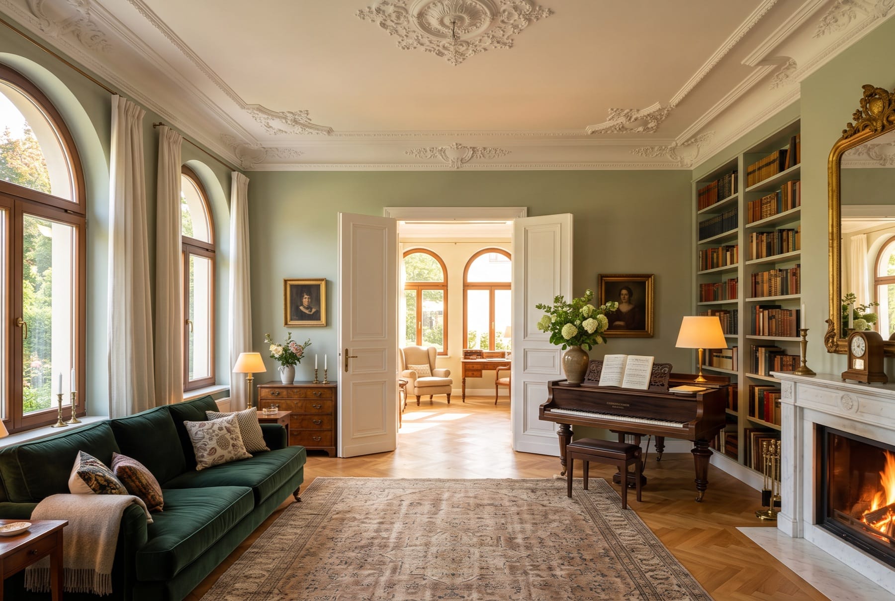 Salon mit Stuckdecke und Rundbogenfenstern: grünes Samtsofa, Marmorkamin, Bücherwand und Flügel; die Flügeltür steht zum Nebenzimmer offen.
