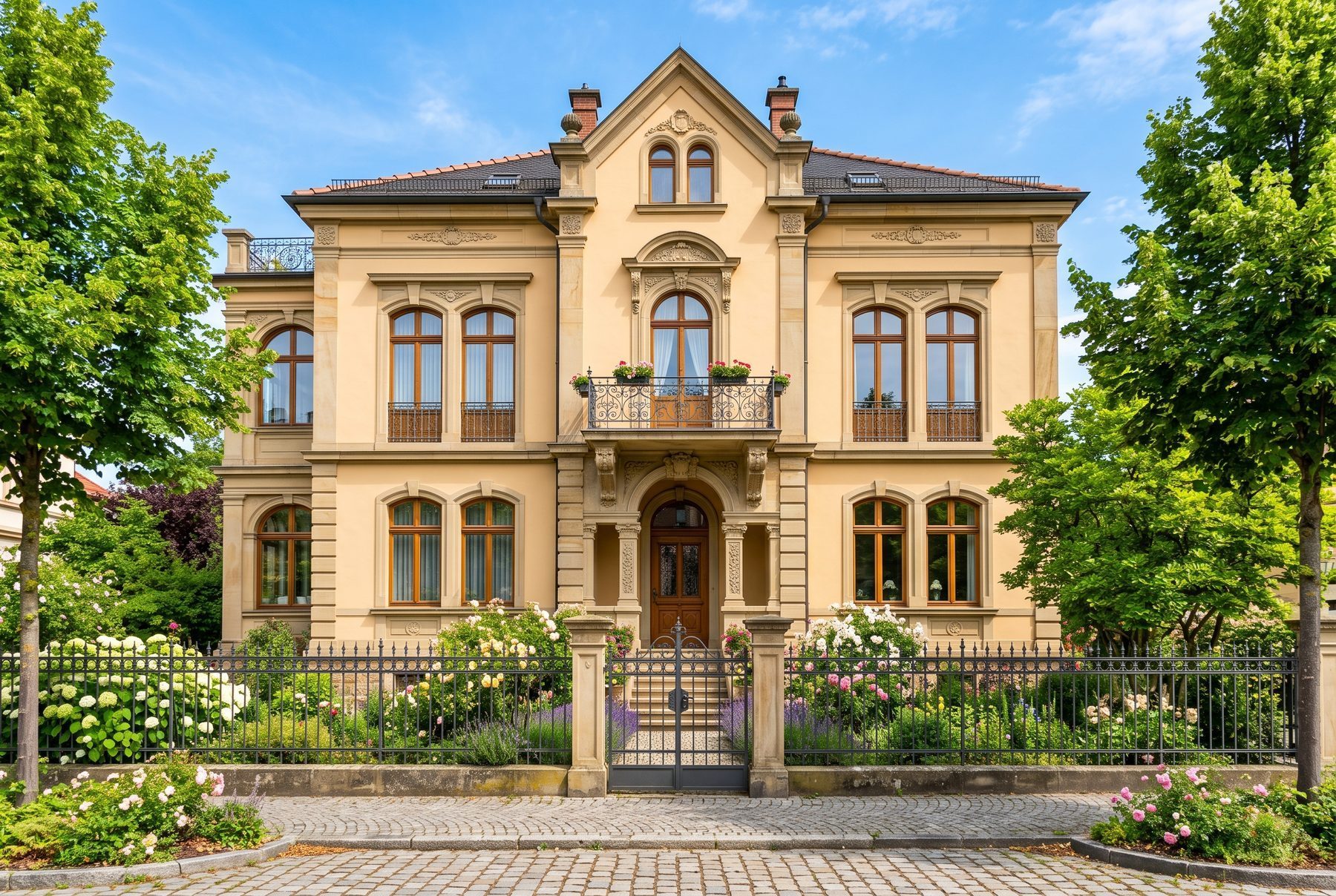 Sandsteinfarbene Gründerzeit-Stadtvilla mit hohen Rundbogenfenstern und Stuck hinter einem blühenden Vorgarten.