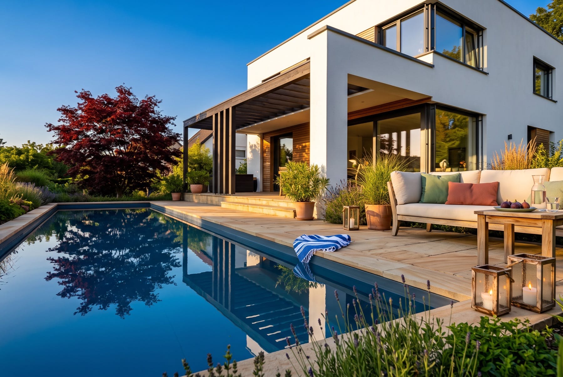 Pool und Terrasse im Abendlicht, Loungesofa und Laternen vor der offenen Verglasung.