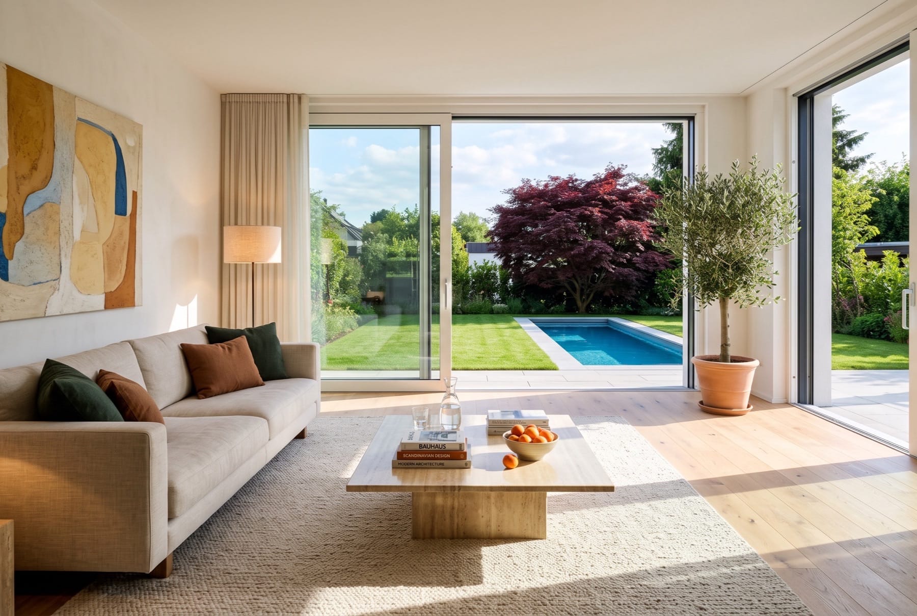 Wohnraum mit Eichendielen, hellem Leinensofa und raumhoher Schiebeverglasung; dahinter Rasen, Pool und ein roter Ahorn.
