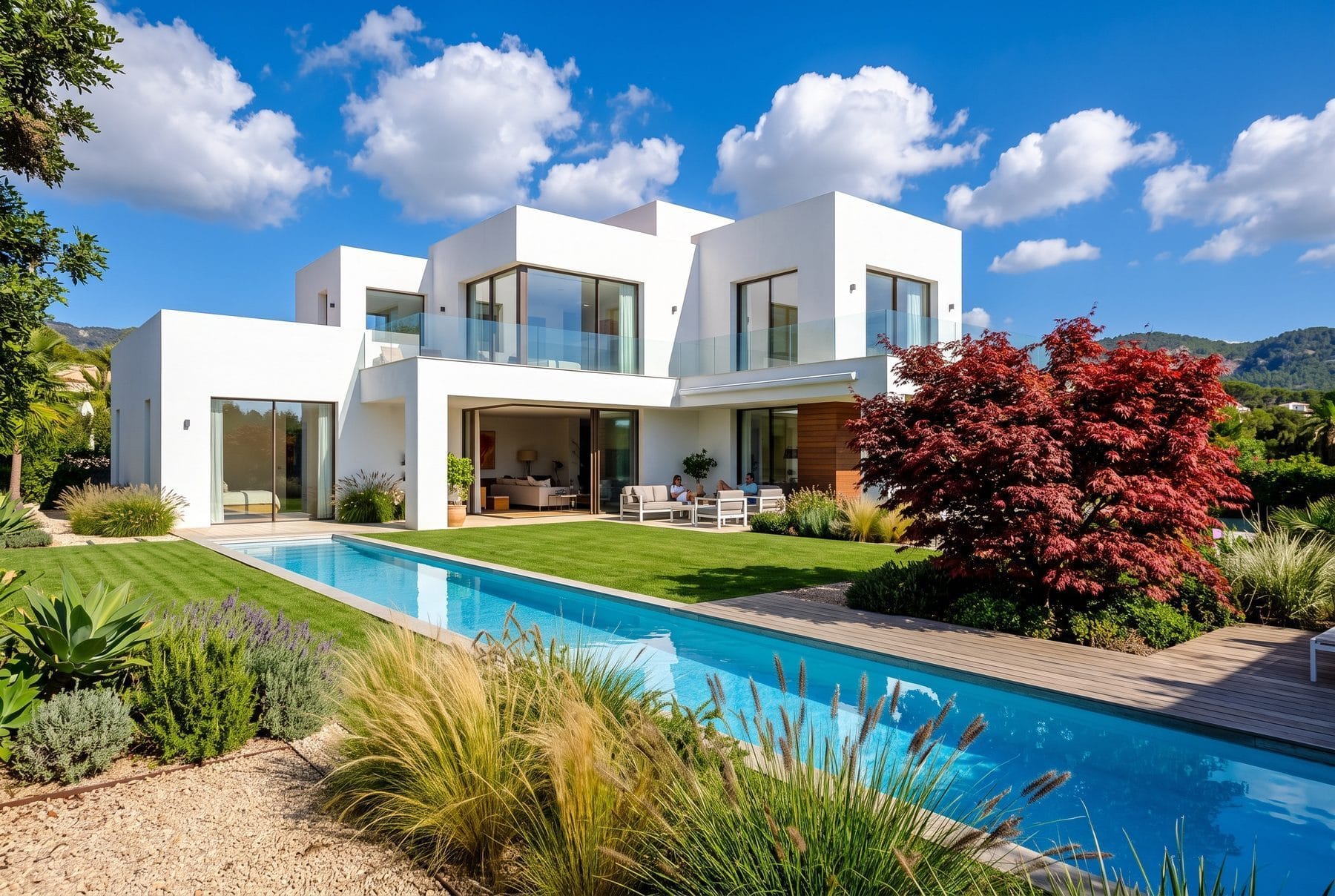 Weiße moderne Villa mit klaren Baukörpern, großer Verglasung und einem schmalen Pool im Garten.